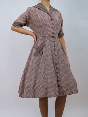 1950s Pink and Black Striped Shirtwaist Cocktail Dress