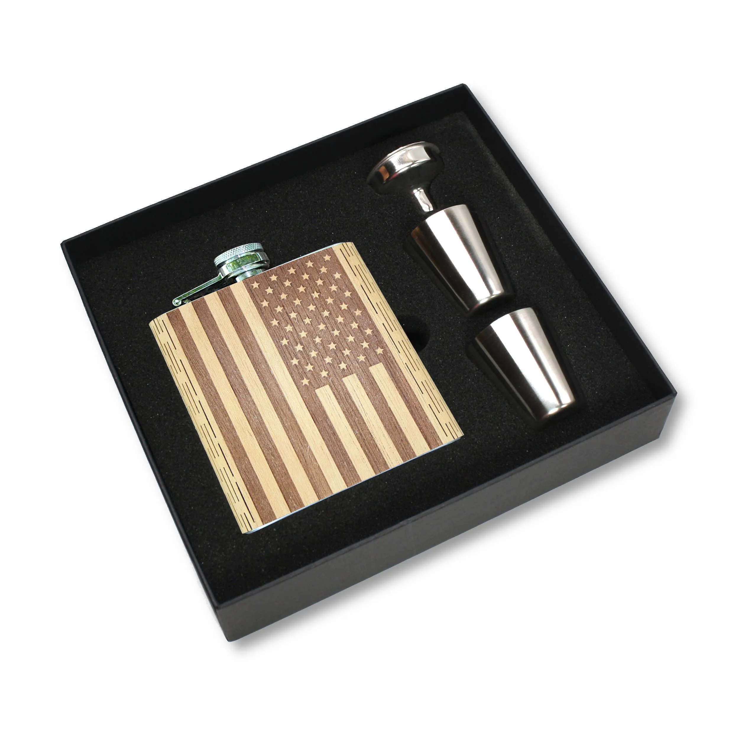 6 oz. Wooden Hip Flask & Gift Box with Shotglasses & Funnel: Aromatic Cedar