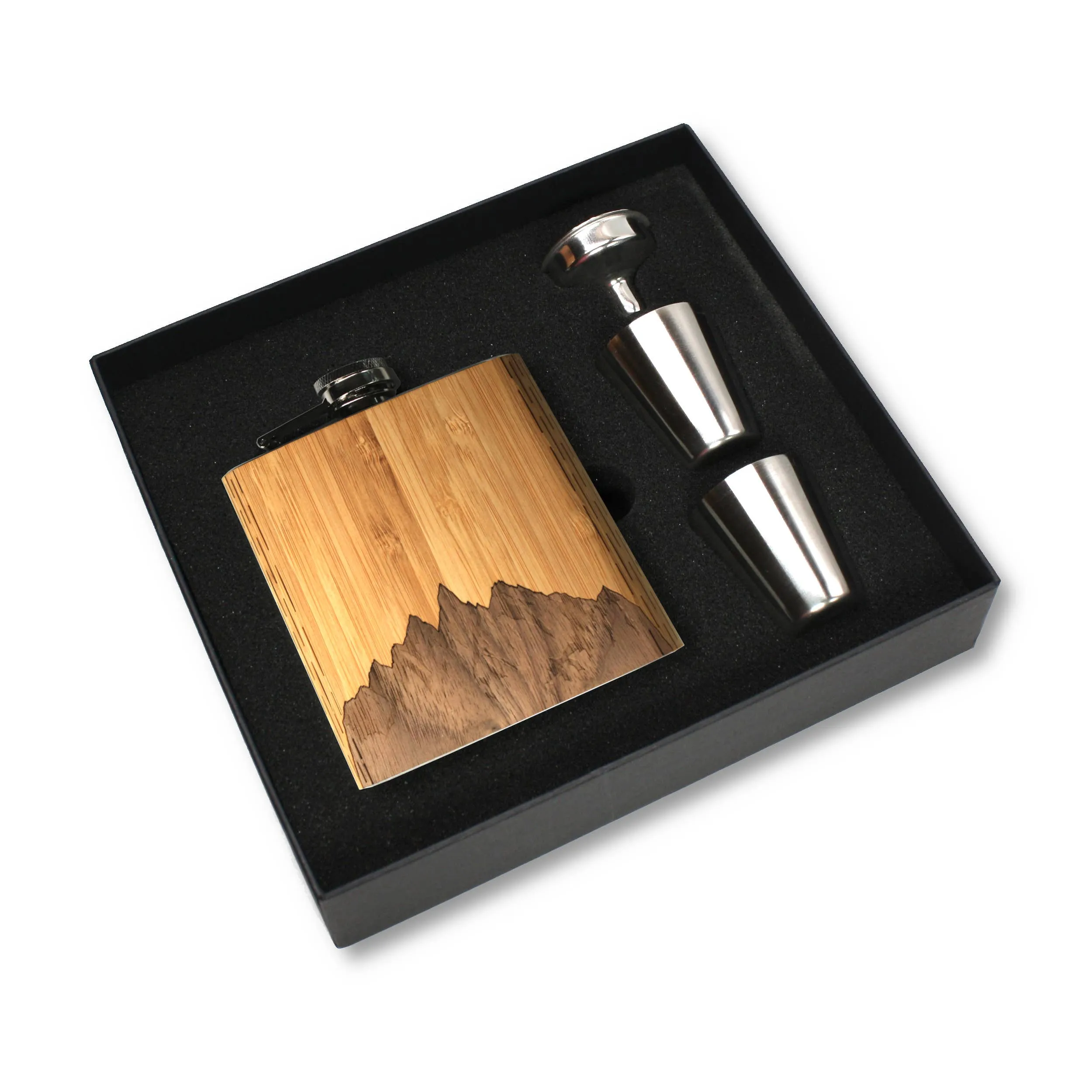 6 oz. Wooden Hip Flask & Gift Box with Shotglasses & Funnel: Aromatic Cedar