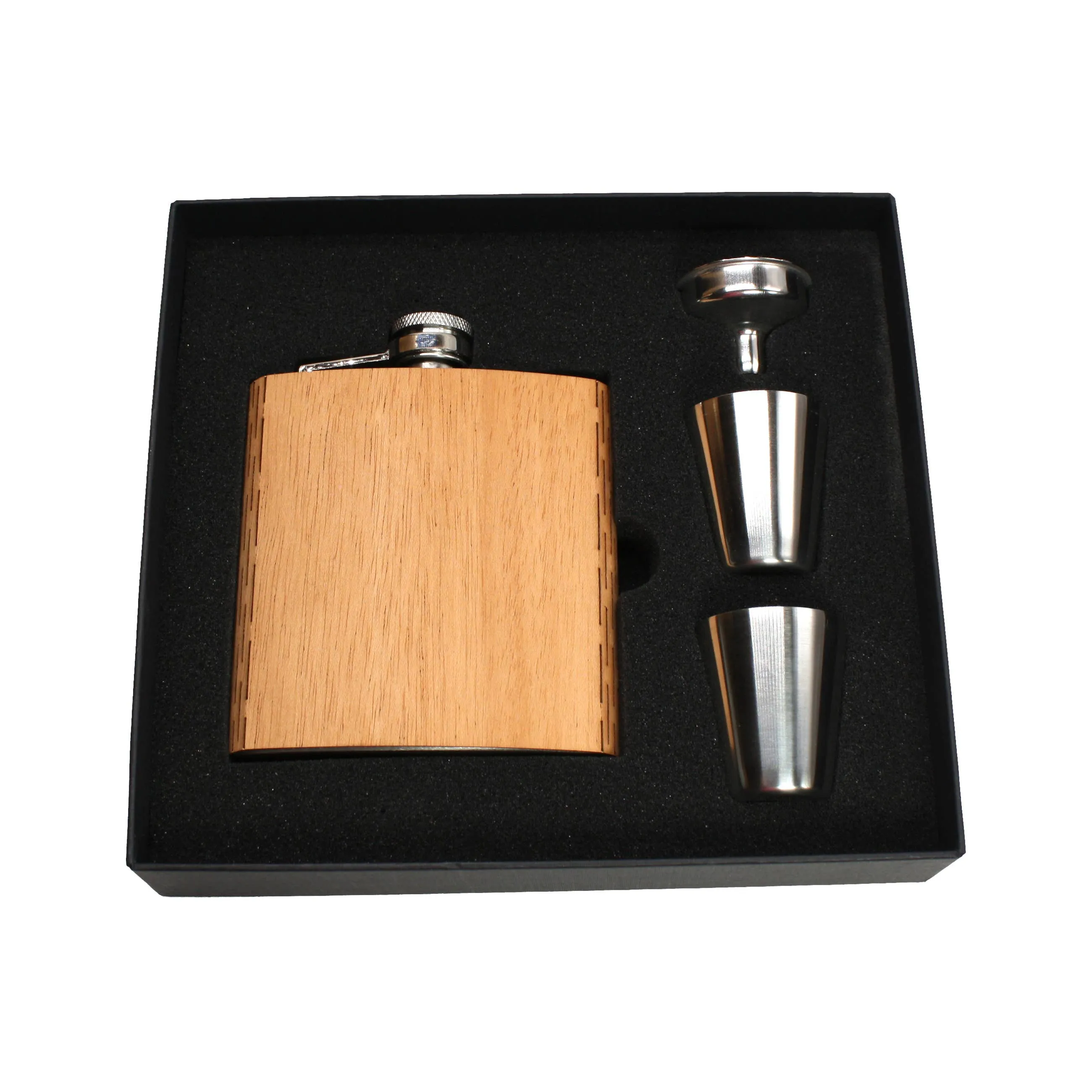6 oz. Wooden Hip Flask & Gift Box with Shotglasses & Funnel: Aromatic Cedar