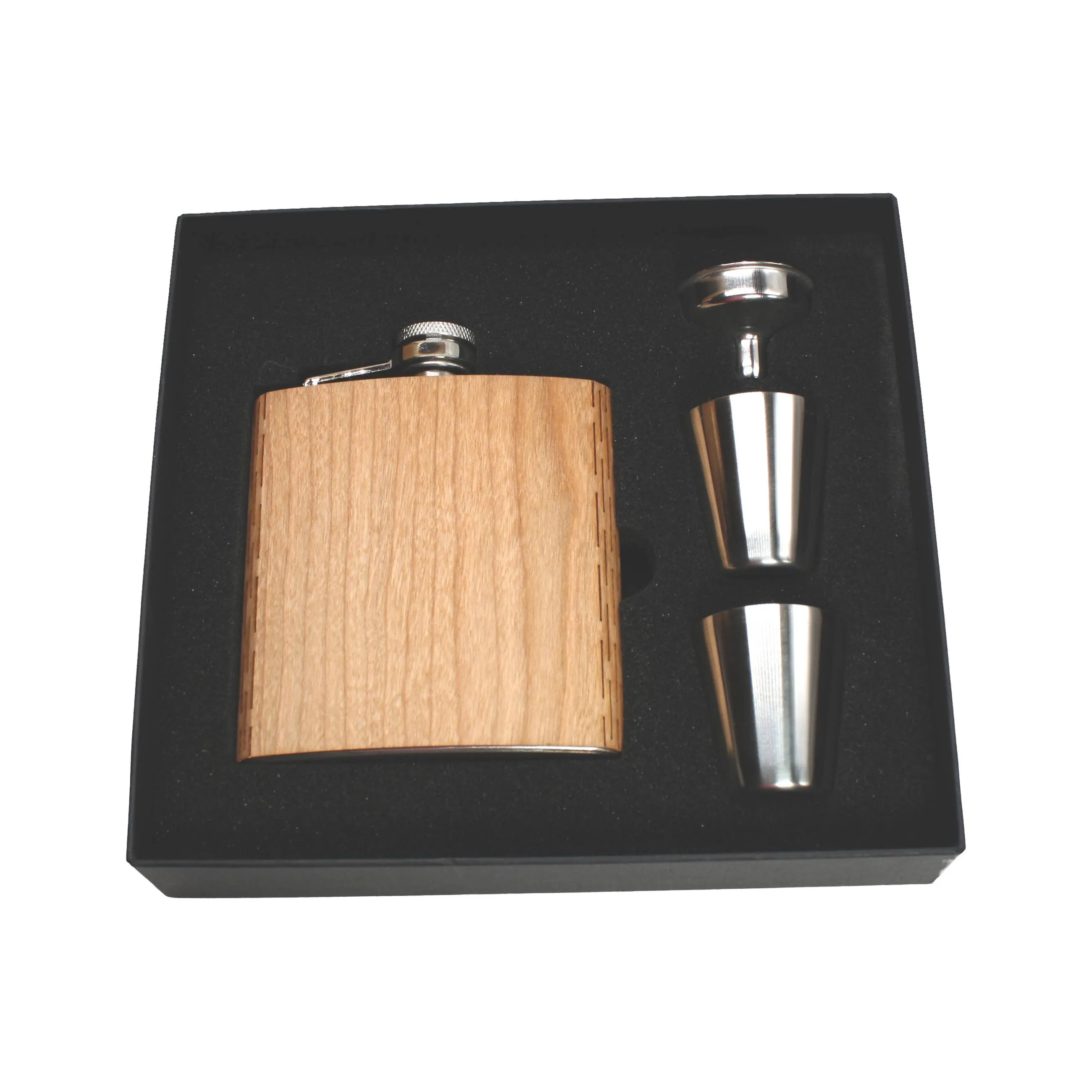 6 oz. Wooden Hip Flask & Gift Box with Shotglasses & Funnel: Aromatic Cedar