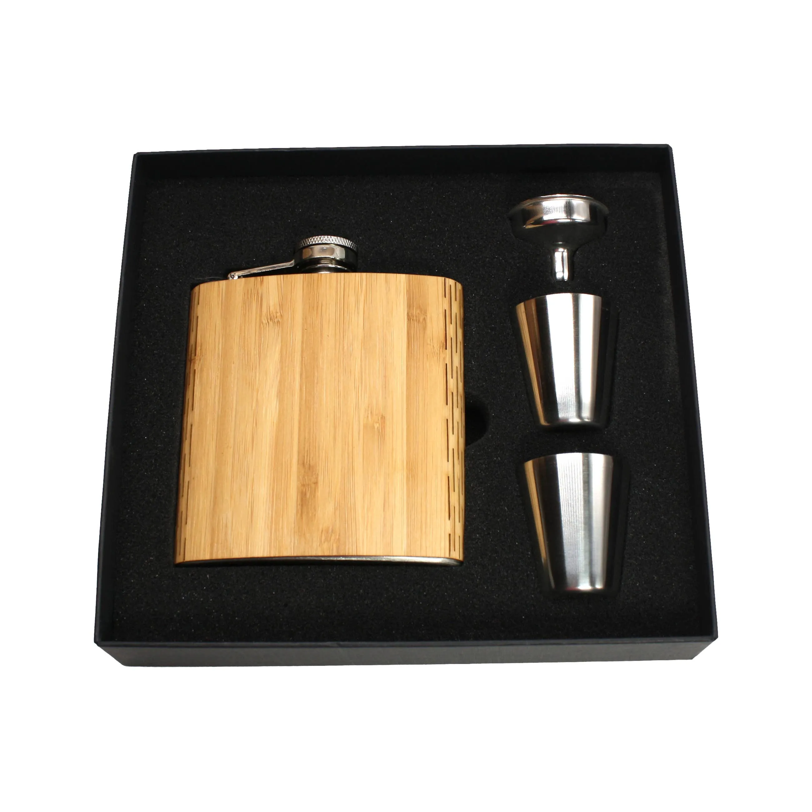 6 oz. Wooden Hip Flask & Gift Box with Shotglasses & Funnel: Aromatic Cedar