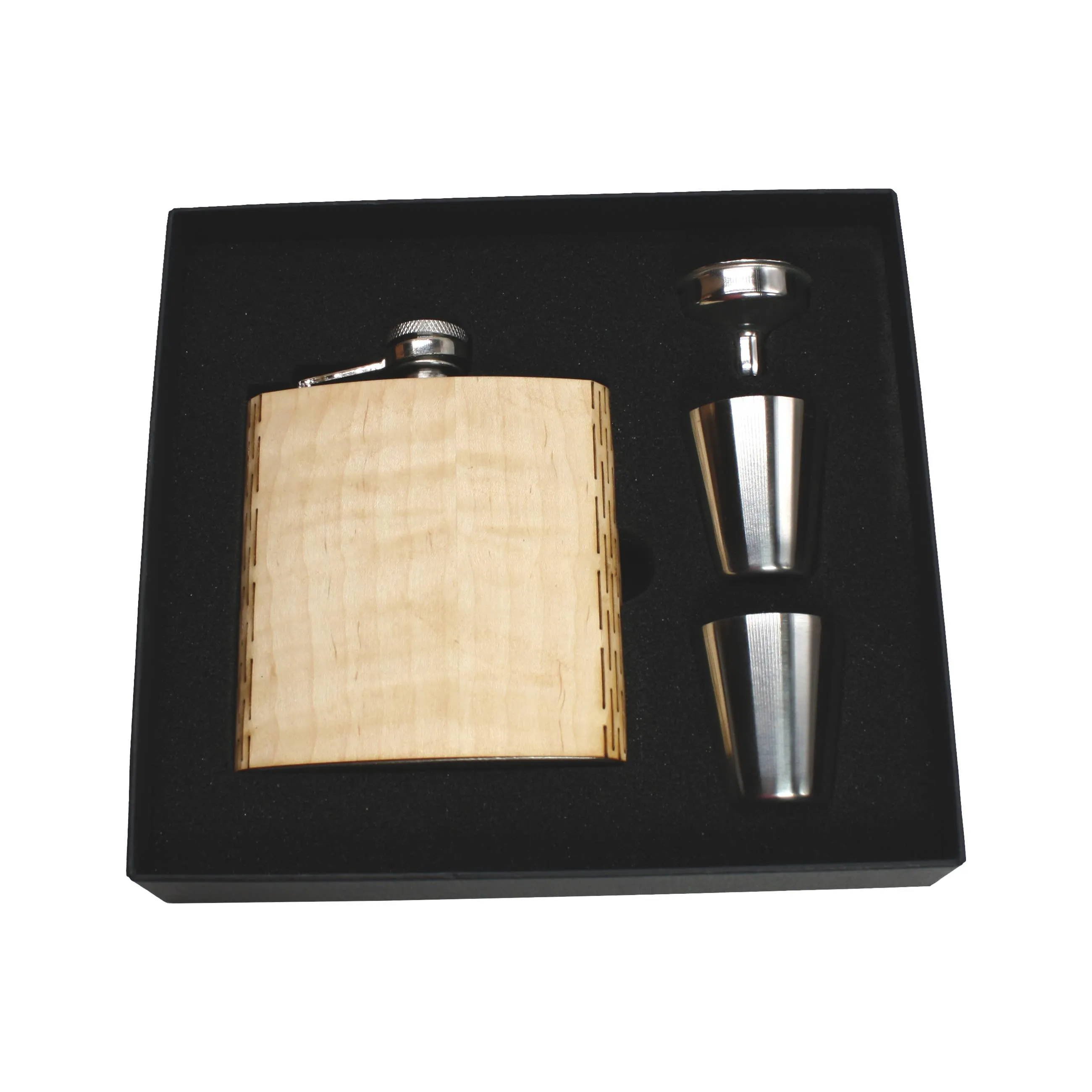 6 oz. Wooden Hip Flask & Gift Box with Shotglasses & Funnel: Aromatic Cedar