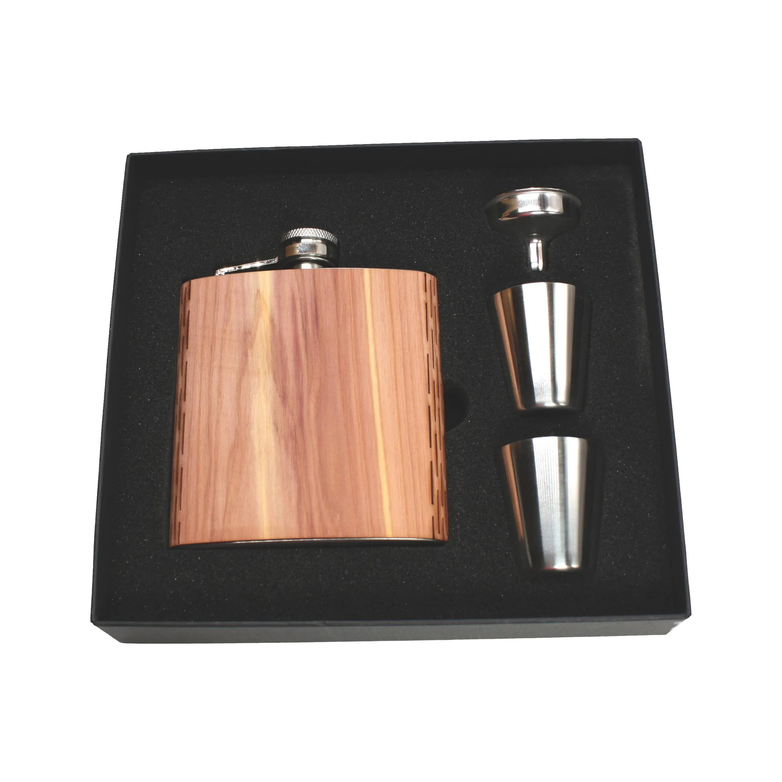 6 oz. Wooden Hip Flask & Gift Box with Shotglasses & Funnel: Aromatic Cedar