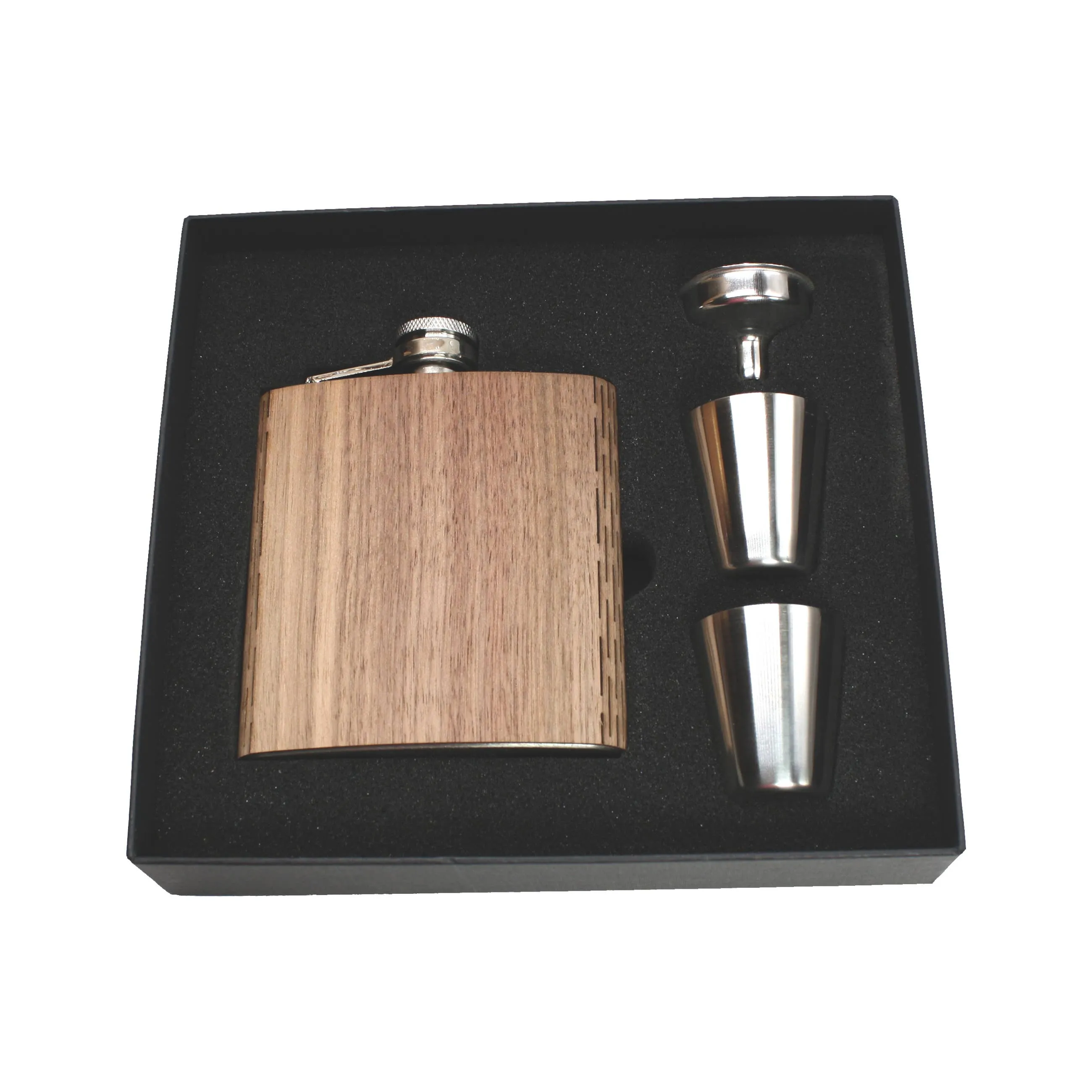 6 oz. Wooden Hip Flask & Gift Box with Shotglasses & Funnel: Aromatic Cedar