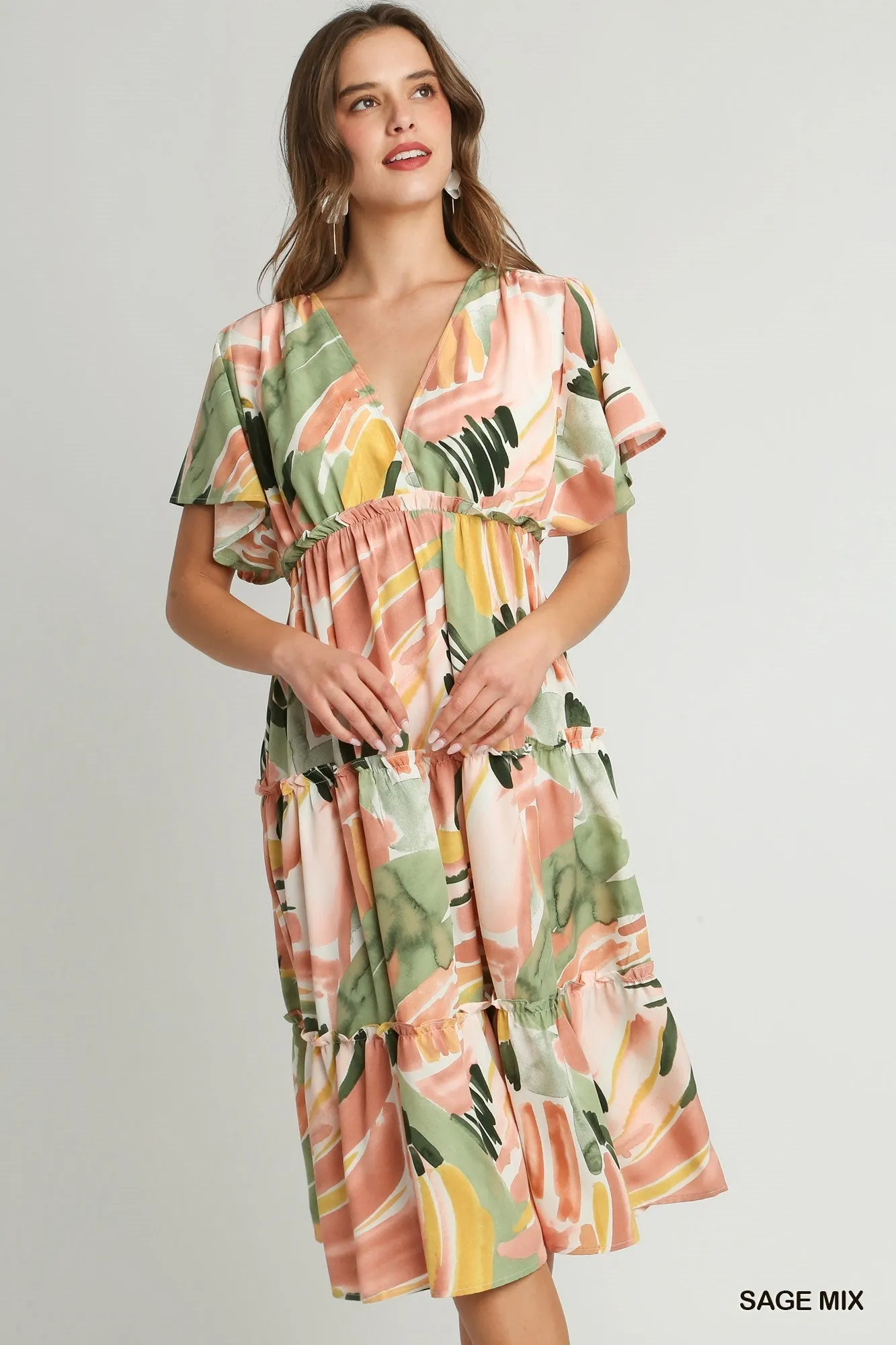 Abstract V-Neck Tiered A-Line Dress