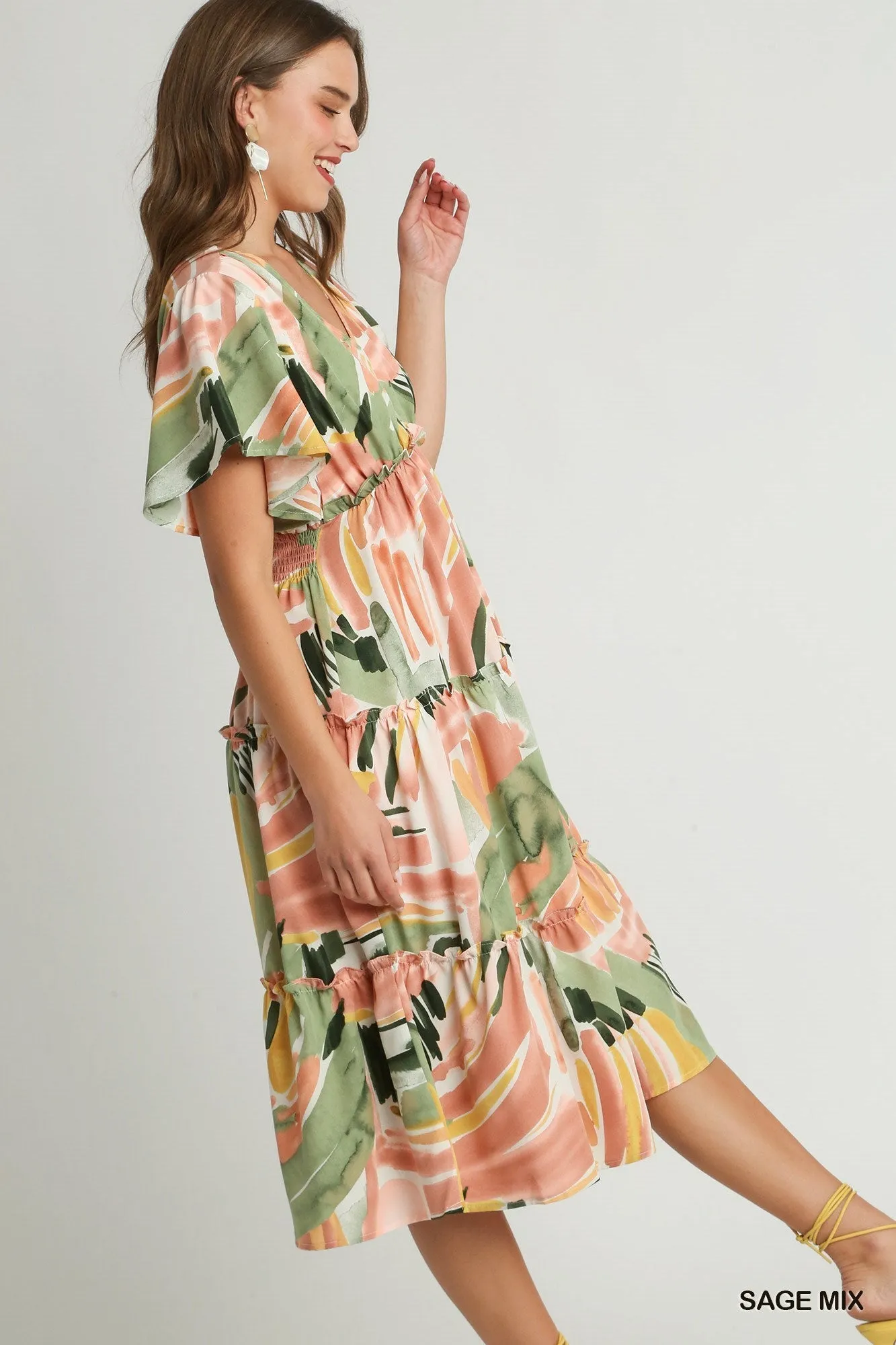 Abstract V-Neck Tiered A-Line Dress