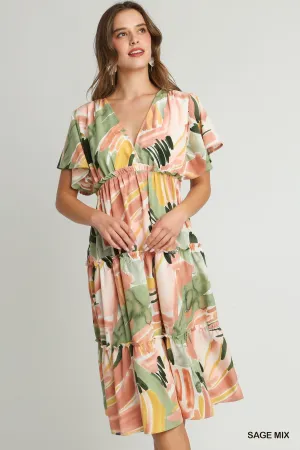 Abstract V-Neck Tiered A-Line Dress