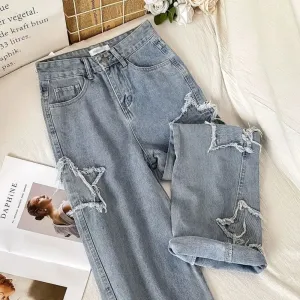 Aiertu Denim Popular Ins Fashion Korean With Star Spring Autumn New High Waist Straight Leg Loose Fitting Jeans