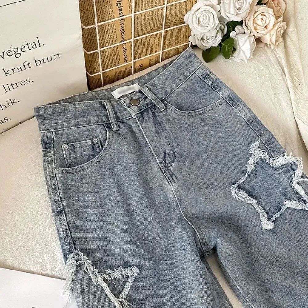 Aiertu Denim Popular Ins Fashion Korean With Star Spring Autumn New High Waist Straight Leg Loose Fitting Jeans