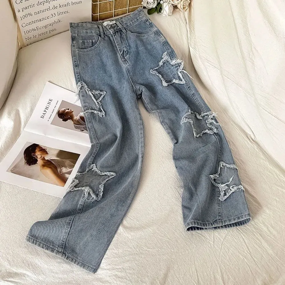 Aiertu Denim Popular Ins Fashion Korean With Star Spring Autumn New High Waist Straight Leg Loose Fitting Jeans