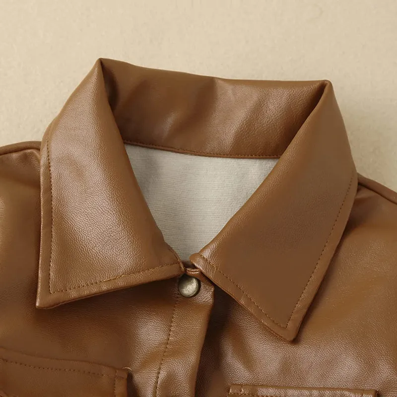 Baby Girl Fall Polo Collar Long Sleeve PU Faux Leather Dress