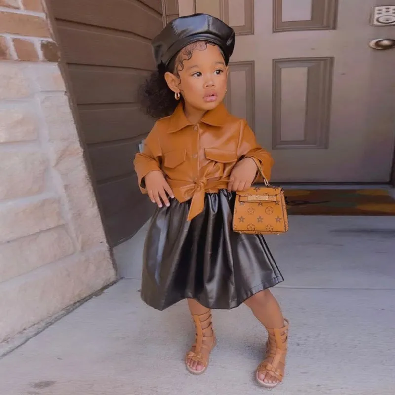 Baby Girl Fall Polo Collar Long Sleeve PU Faux Leather Dress