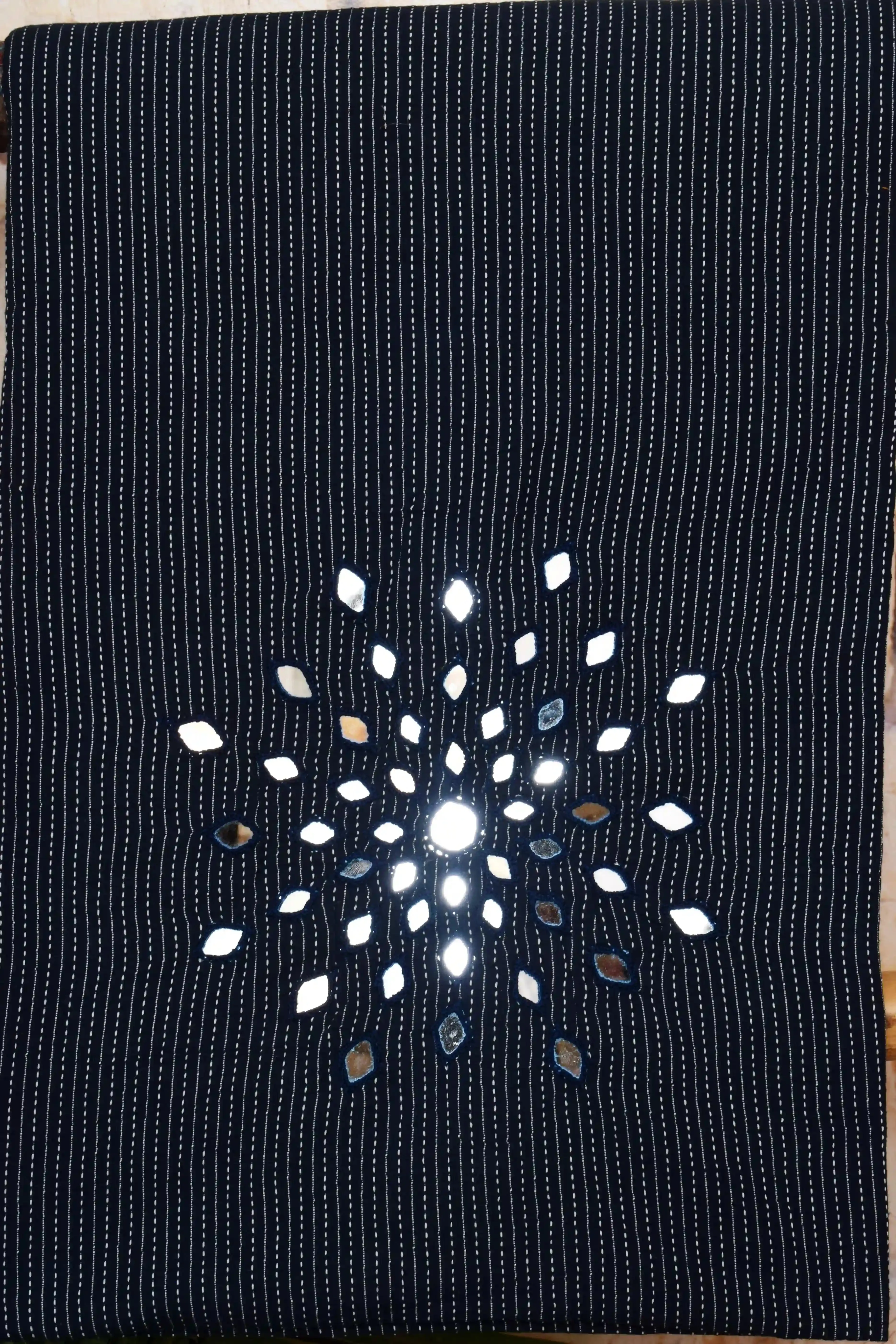 Blue Kantha Cotton Mirror Work Kurti Fabric