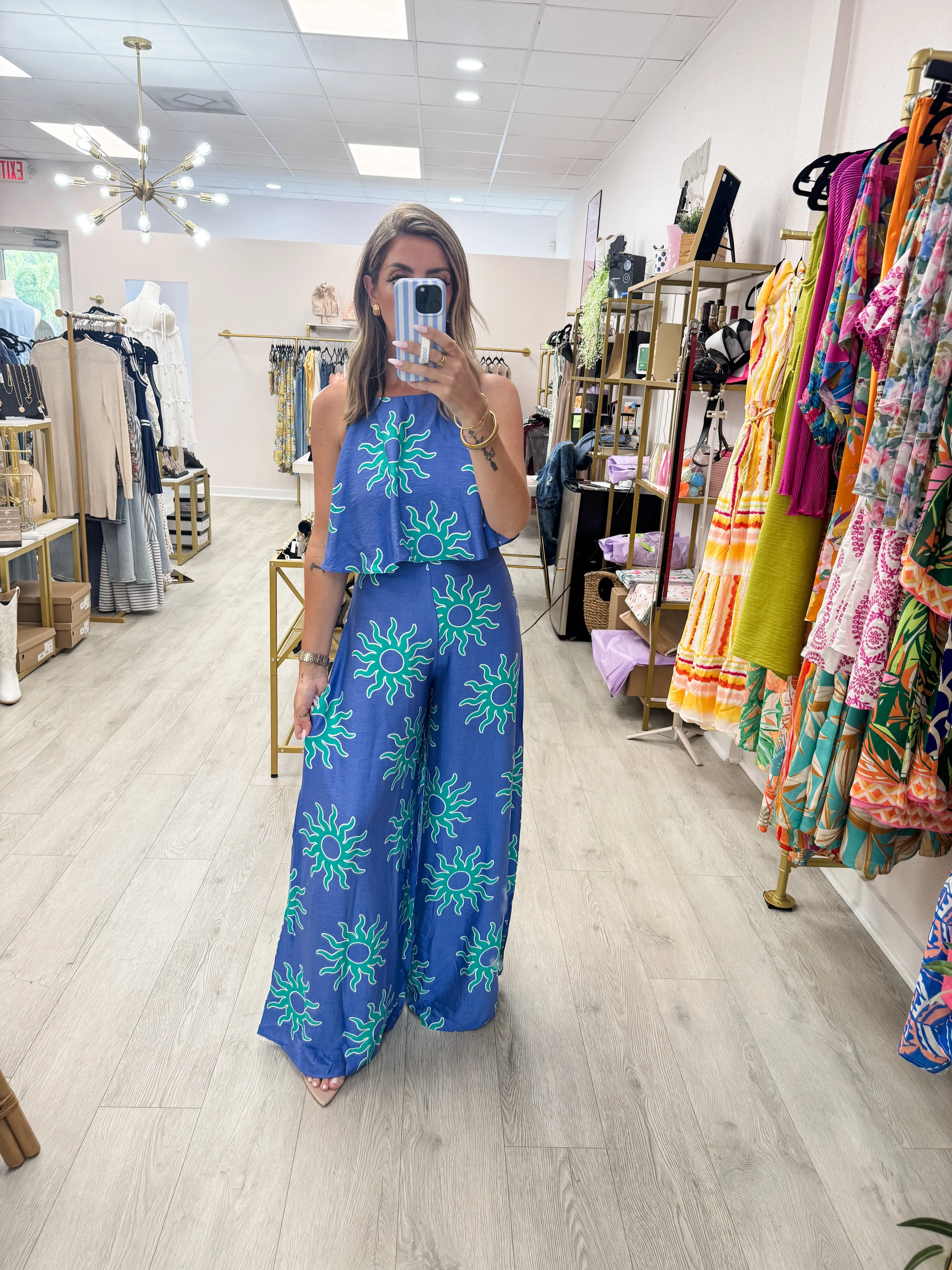 Blue Printed Ruffle Jumpsuit