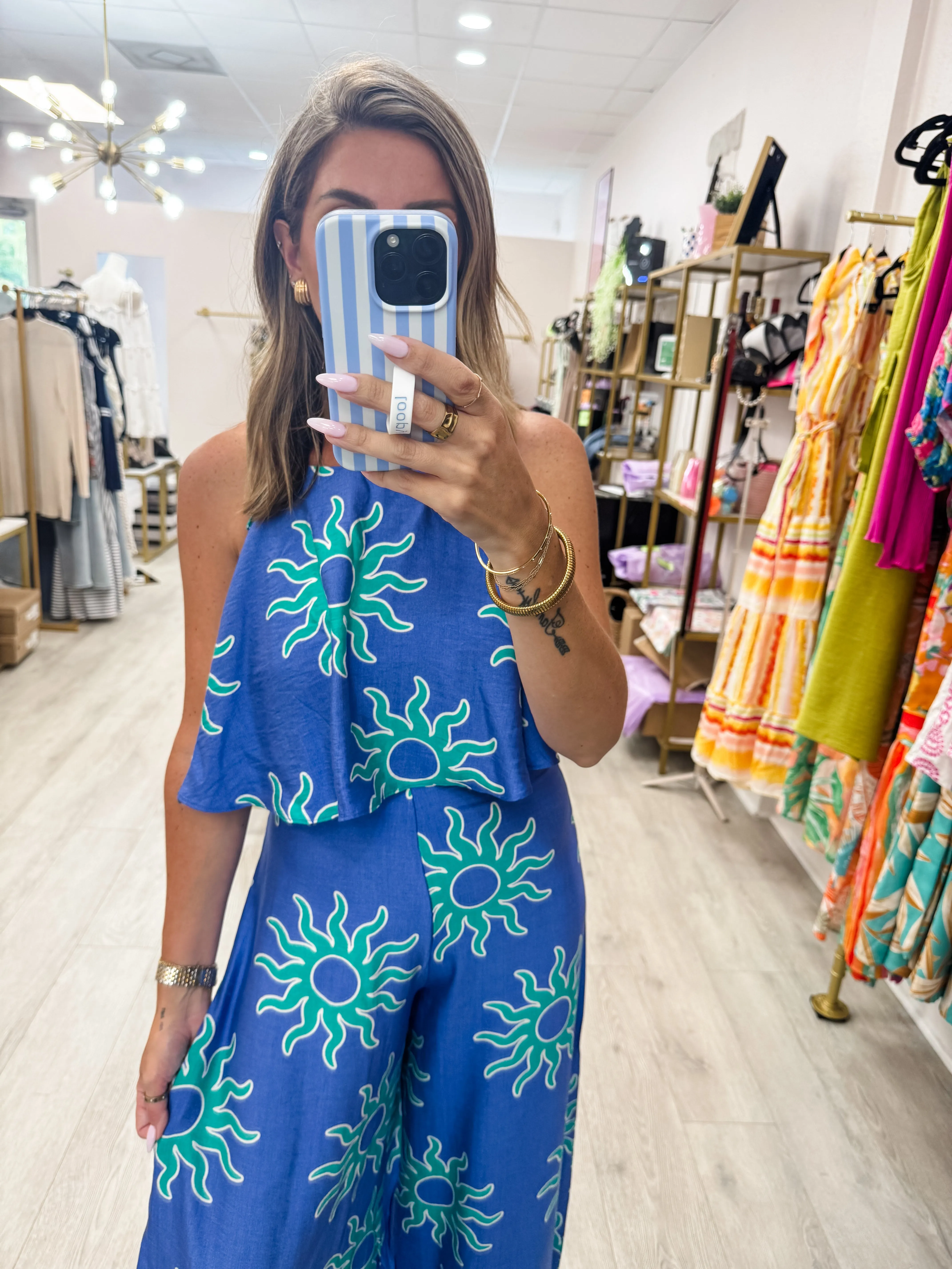 Blue Printed Ruffle Jumpsuit