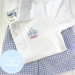 Boy Polo Shirt- Mini Tug Boat   Monogram on White Polo Shirt