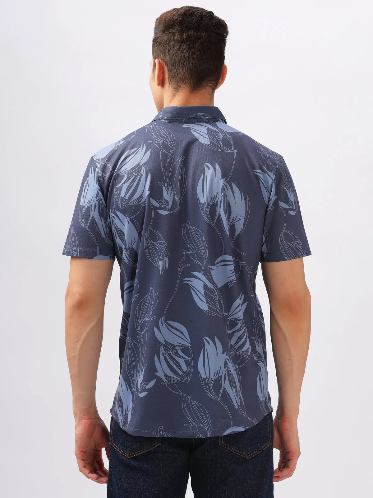 BULLMER Navy Blue Trendy Regular Fit Printed Causal Half sleeve Shirt For Men