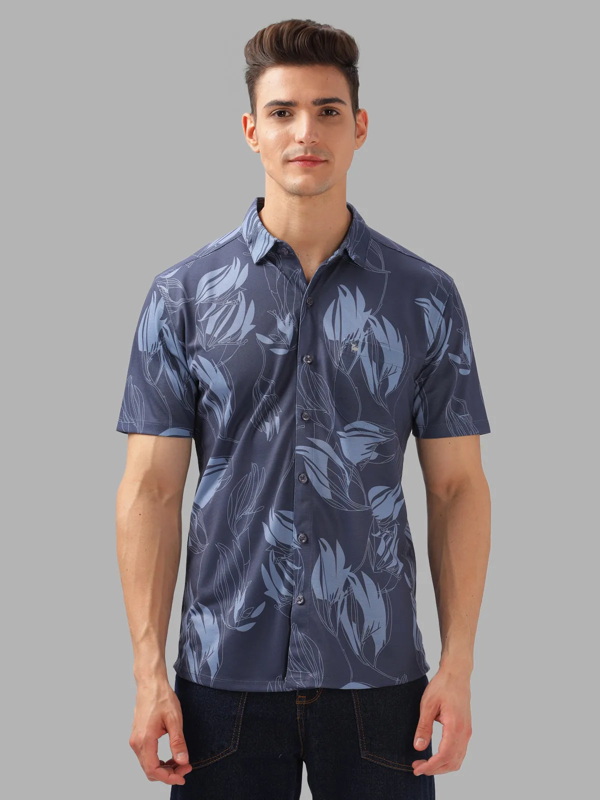 BULLMER Navy Blue Trendy Regular Fit Printed Causal Half sleeve Shirt For Men