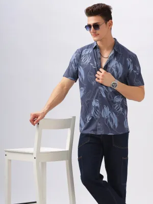 BULLMER Navy Blue Trendy Regular Fit Printed Causal Half sleeve Shirt For Men