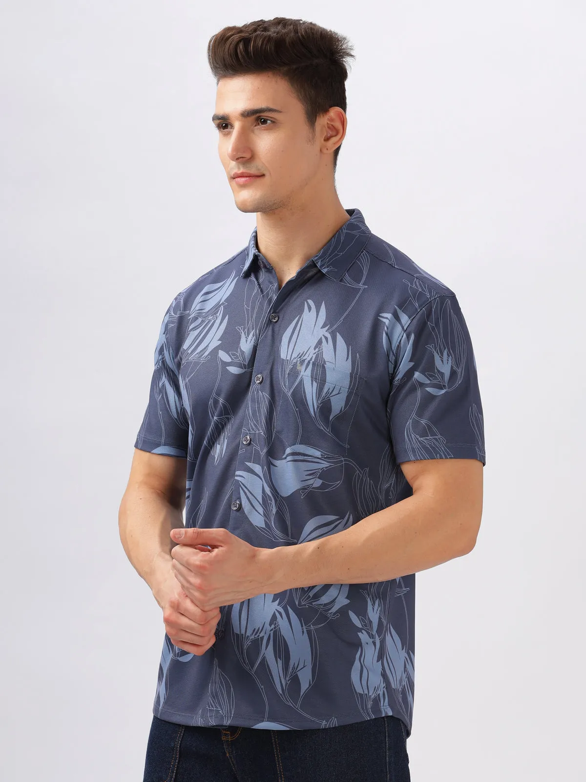 BULLMER Navy Blue Trendy Regular Fit Printed Causal Half sleeve Shirt For Men