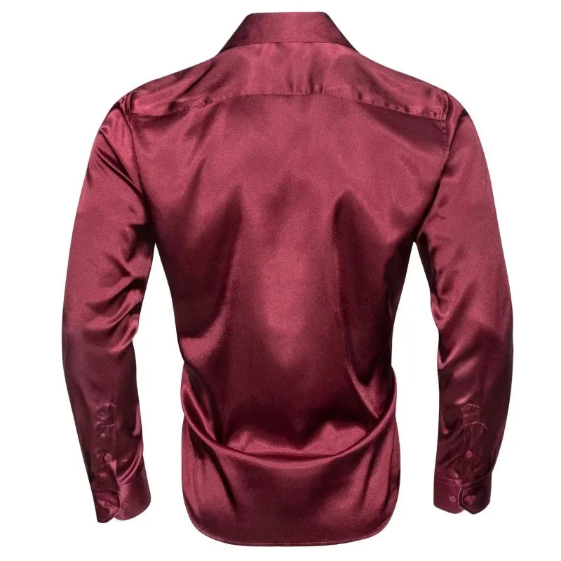 Burgundy Shiny Men's Button Up Shirt Long Sleeves Slim Fit Satin Material