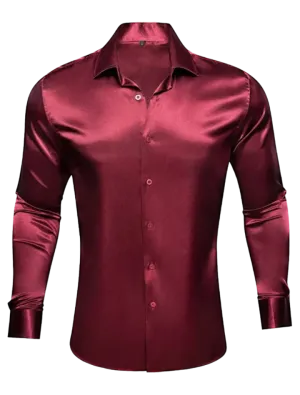 Burgundy Shiny Men's Button Up Shirt Long Sleeves Slim Fit Satin Material