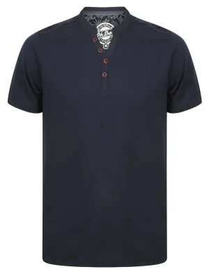 Canal Henley Y Neck Cotton Slub T-Shirt in Mood Indigo - South Shore