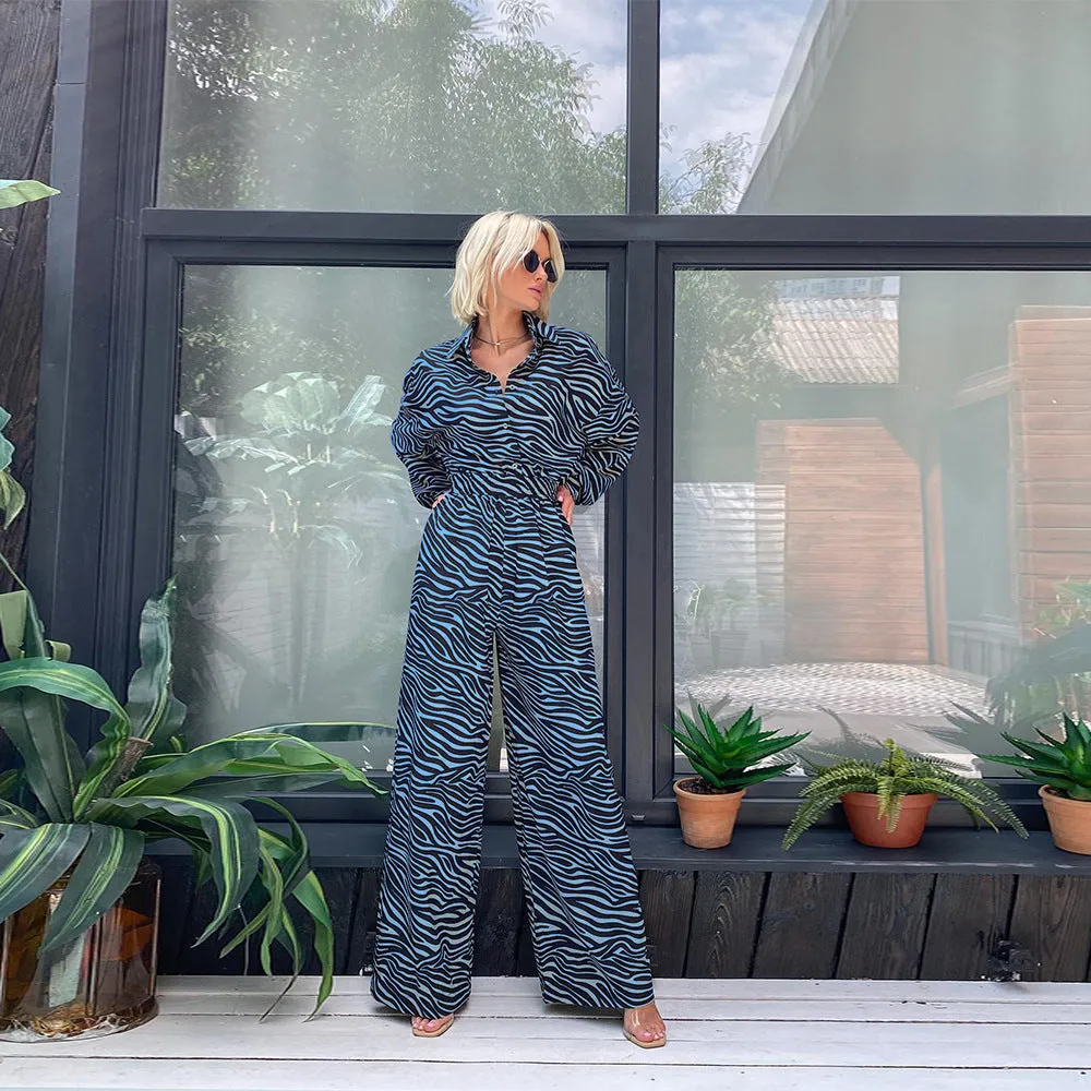 Casual Jumpsuit Fashion Print Lapel Long Sleeve High l