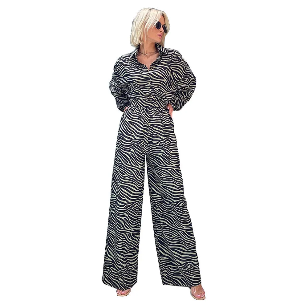 Casual Jumpsuit Fashion Print Lapel Long Sleeve High l