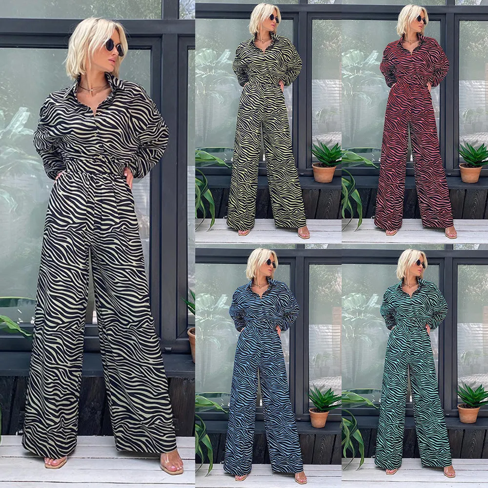 Casual Jumpsuit Fashion Print Lapel Long Sleeve High l