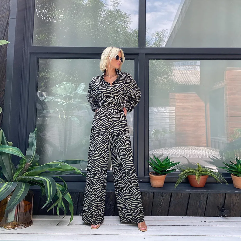 Casual Jumpsuit Fashion Print Lapel Long Sleeve High l