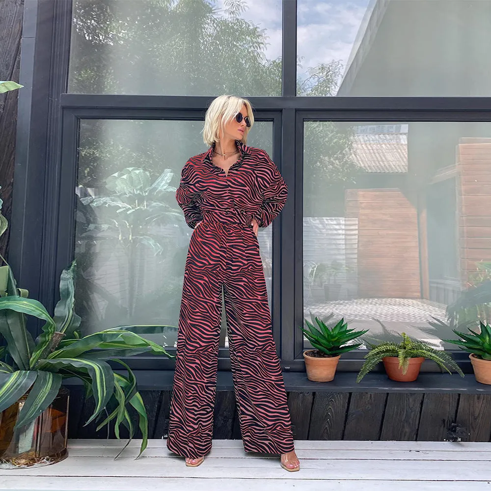 Casual Jumpsuit Fashion Print Lapel Long Sleeve High l
