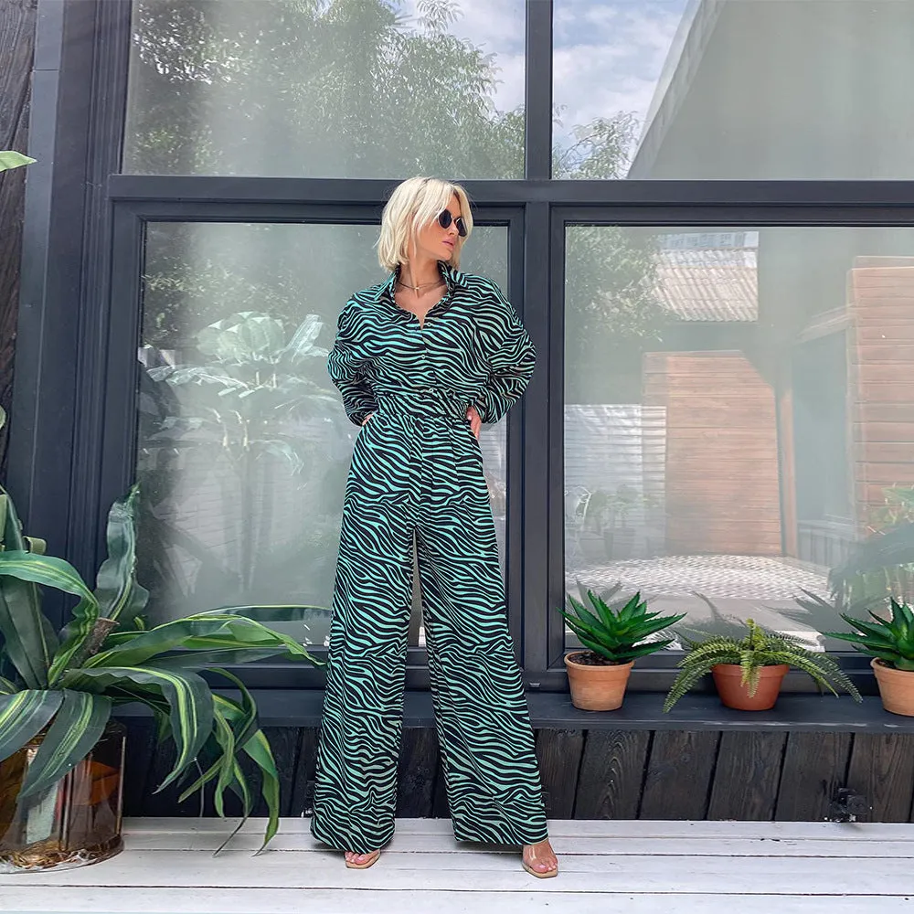 Casual Jumpsuit Fashion Print Lapel Long Sleeve High l