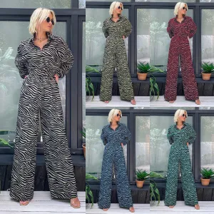 Casual Jumpsuit Fashion Print Lapel Long Sleeve High l