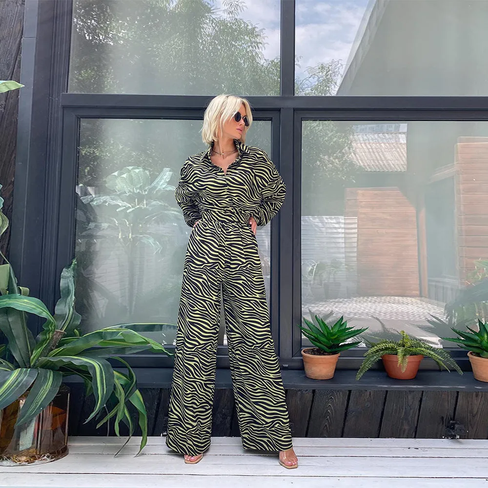 Casual Jumpsuit Fashion Print Lapel Long Sleeve High l