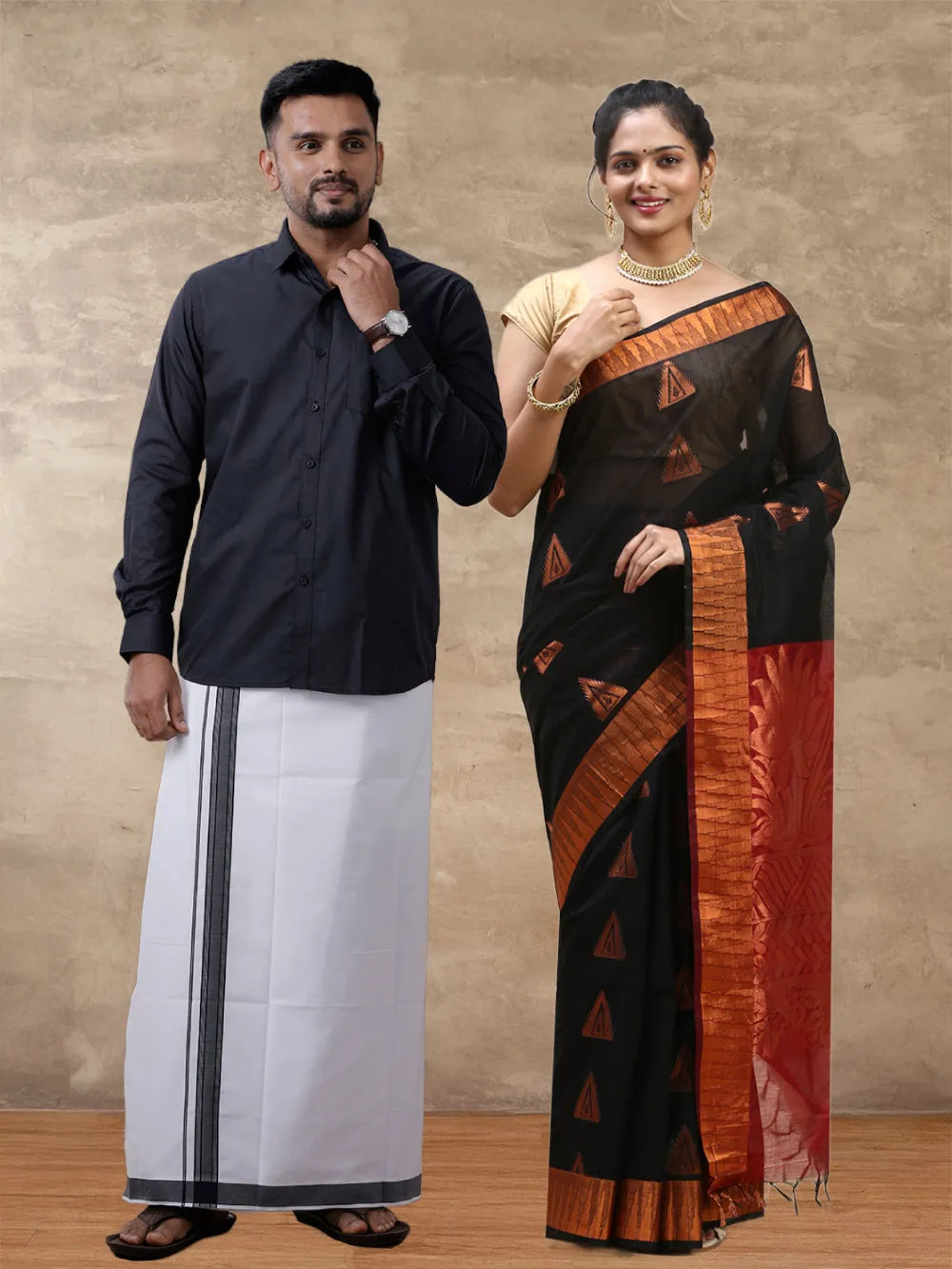 Couple Combo Shirt & Dhoti Set with Saree Black SS304