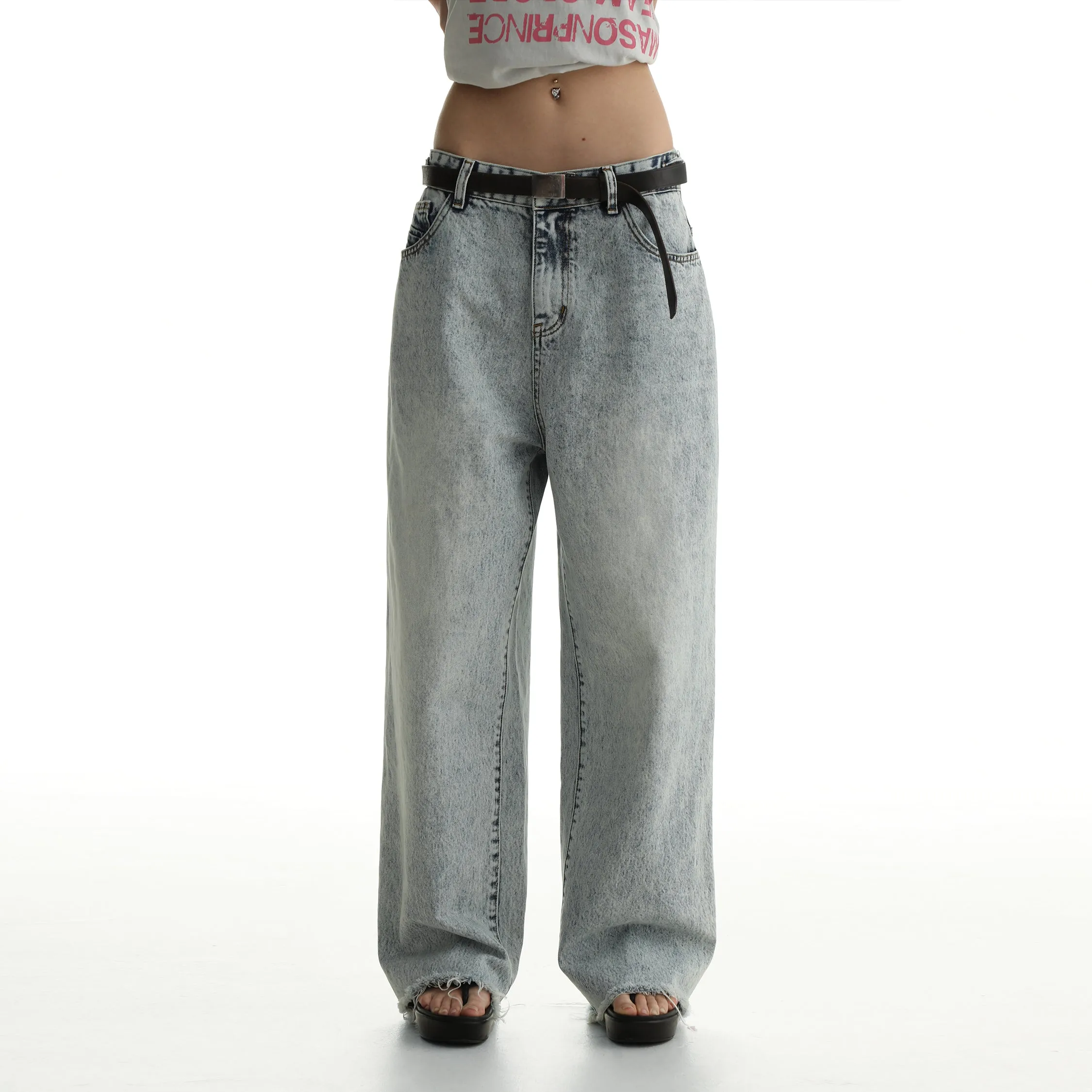 Denim Shorts & Jeans Set With Faded Raw Edges