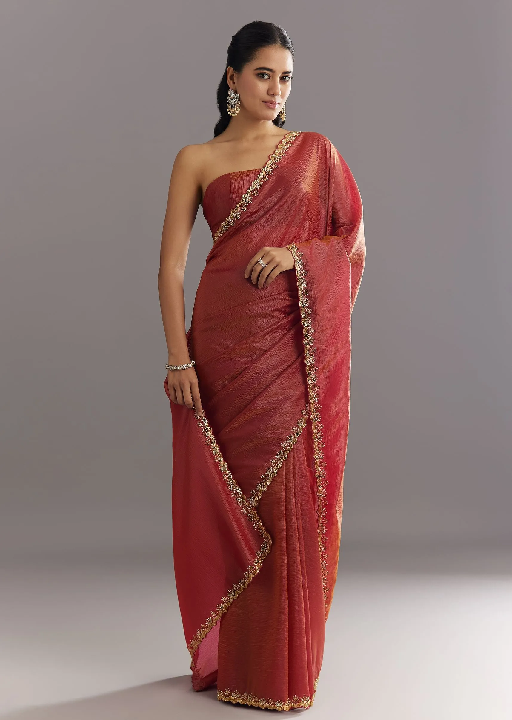 Dusky Brown Crushed Tissue Saree With Stones Cutdana Embroidered Scallop Border