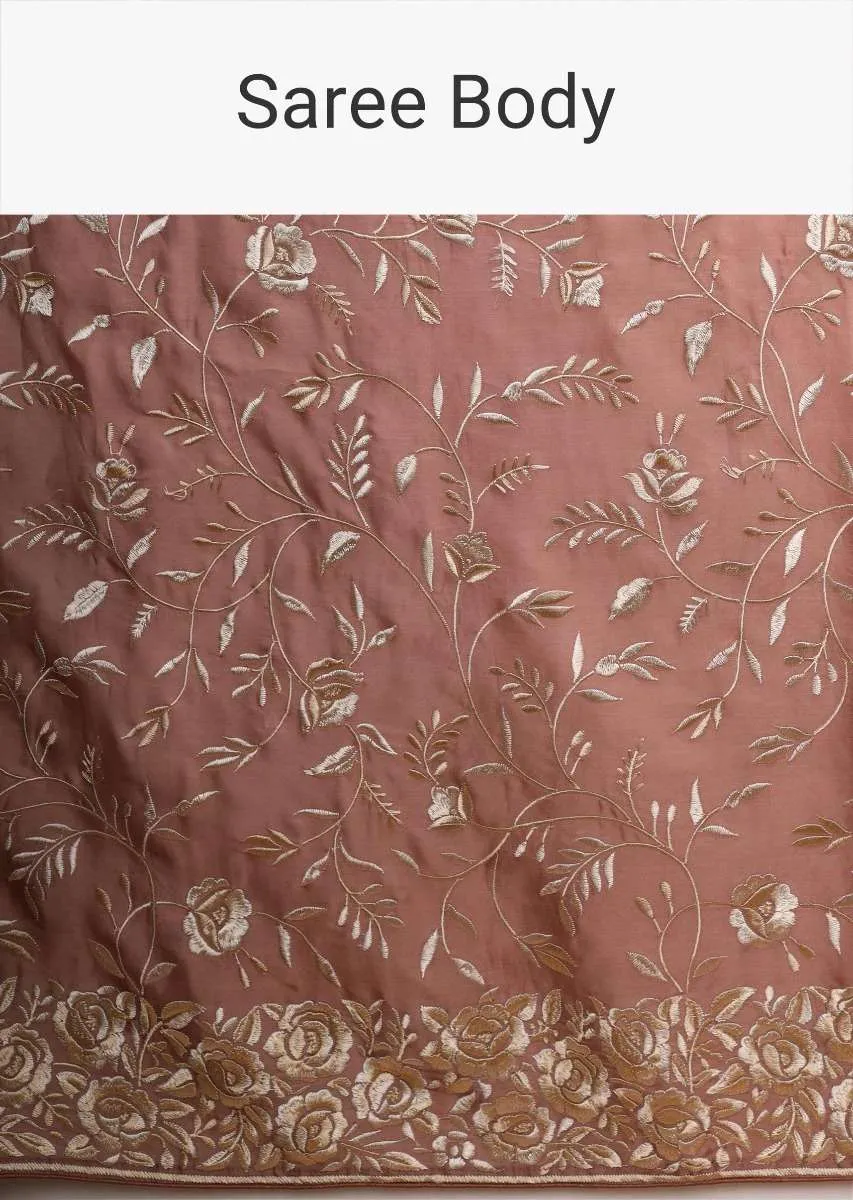 Earthy Pink Saree In Satin Silk With Resham Embroidered Floral Jaal Online - Kalki Fashion