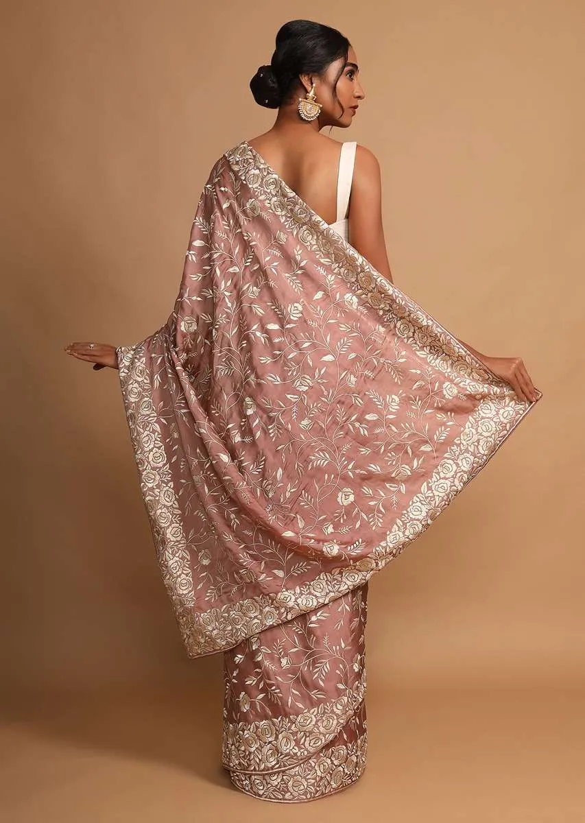 Earthy Pink Saree In Satin Silk With Resham Embroidered Floral Jaal Online - Kalki Fashion