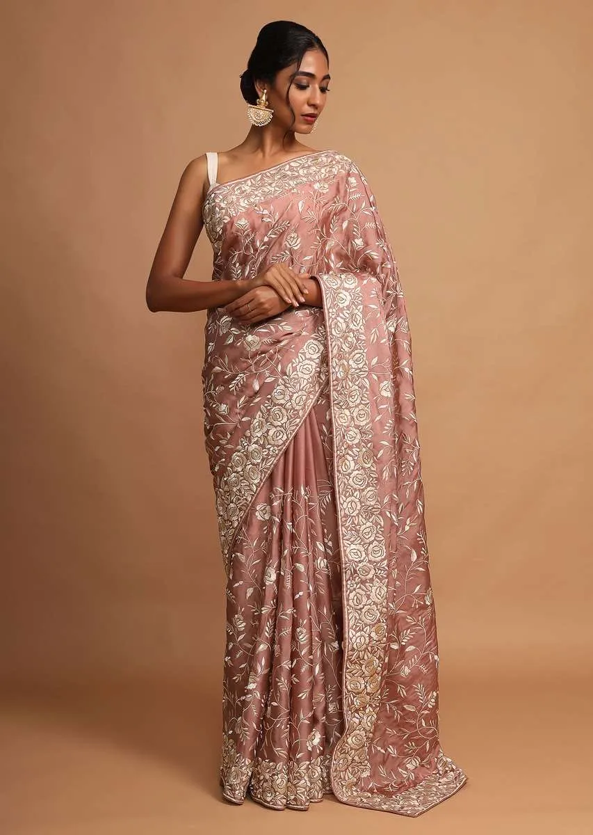 Earthy Pink Saree In Satin Silk With Resham Embroidered Floral Jaal Online - Kalki Fashion