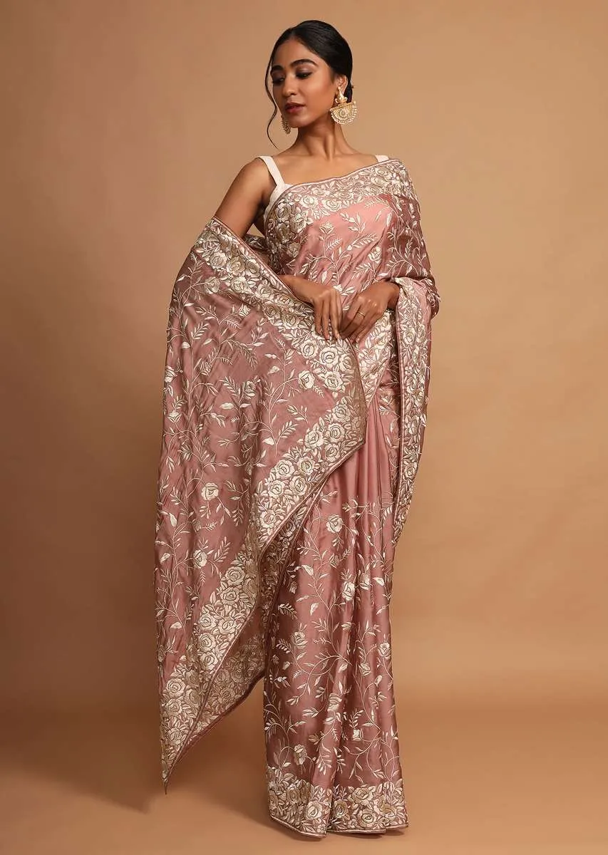 Earthy Pink Saree In Satin Silk With Resham Embroidered Floral Jaal Online - Kalki Fashion