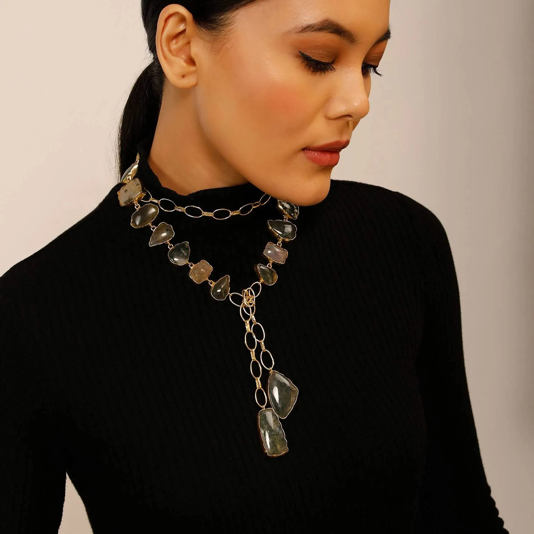 Earthy Toned Semi Precious Stone Studded Wrap Around Necklace