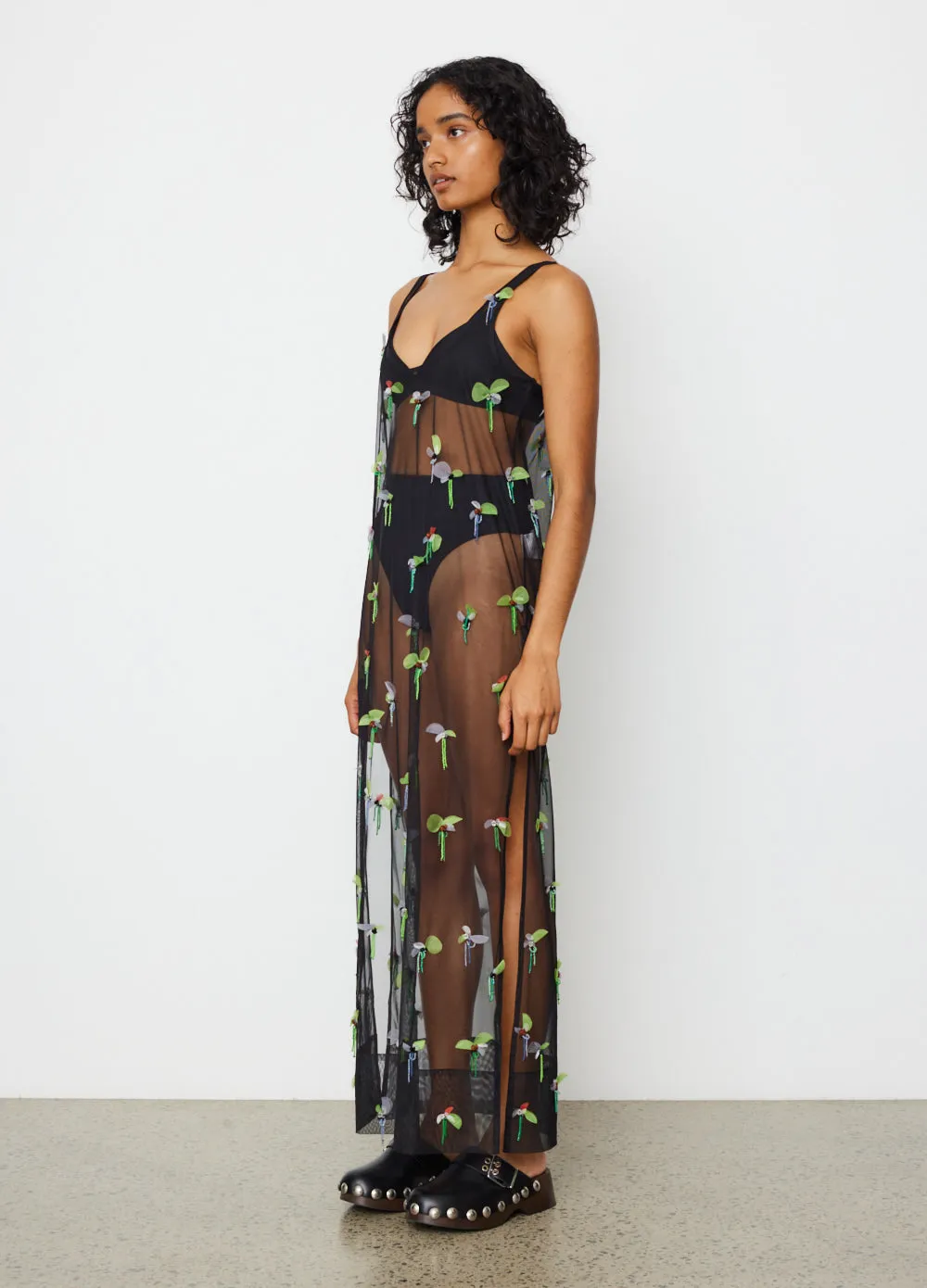 Embellished Mesh Slip Dress