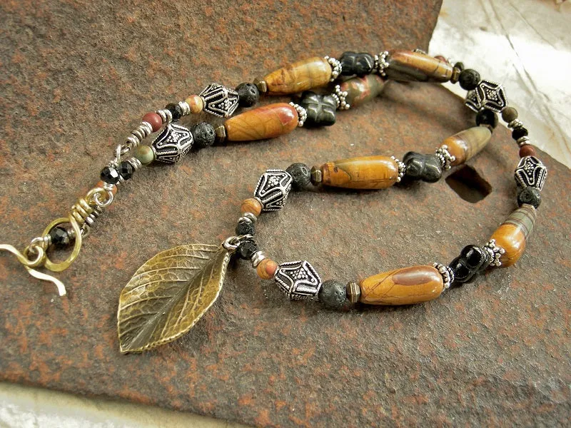 Fallen Leaf Necklace, Earthy Brown & Black Gemstone, Sterling Beads