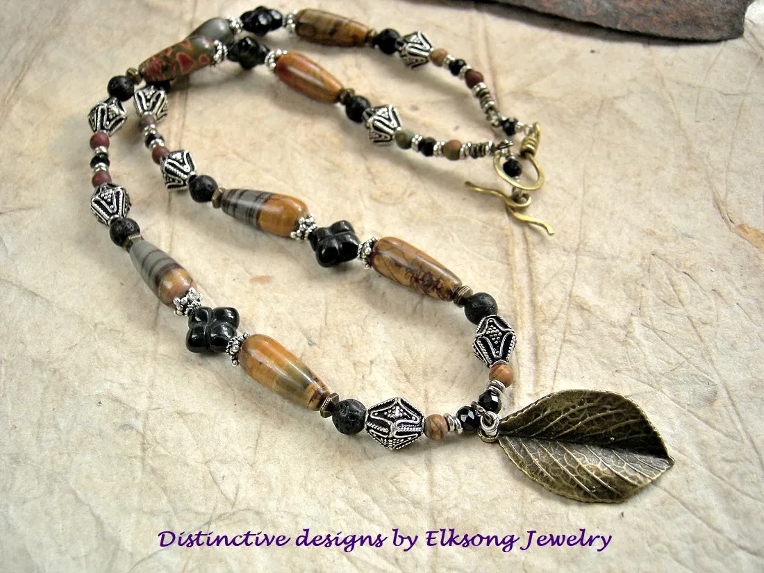 Fallen Leaf Necklace, Earthy Brown & Black Gemstone, Sterling Beads