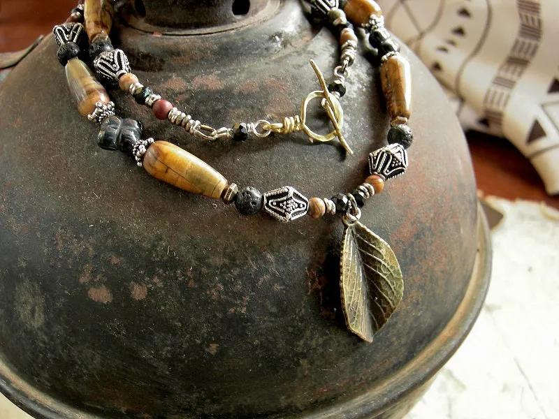 Fallen Leaf Necklace, Earthy Brown & Black Gemstone, Sterling Beads