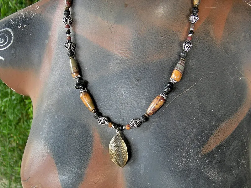 Fallen Leaf Necklace, Earthy Brown & Black Gemstone, Sterling Beads