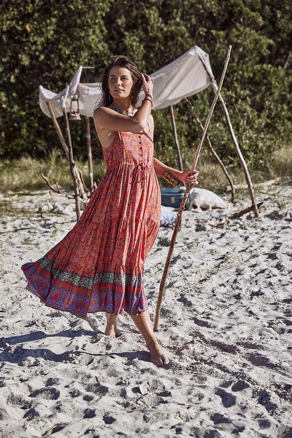 Folk Floral Midi Dress with Pockets